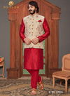 Red Colour Traditional Jacquard Silk Party Wear Kurta Pajama With Jacket Mens Collection 37001